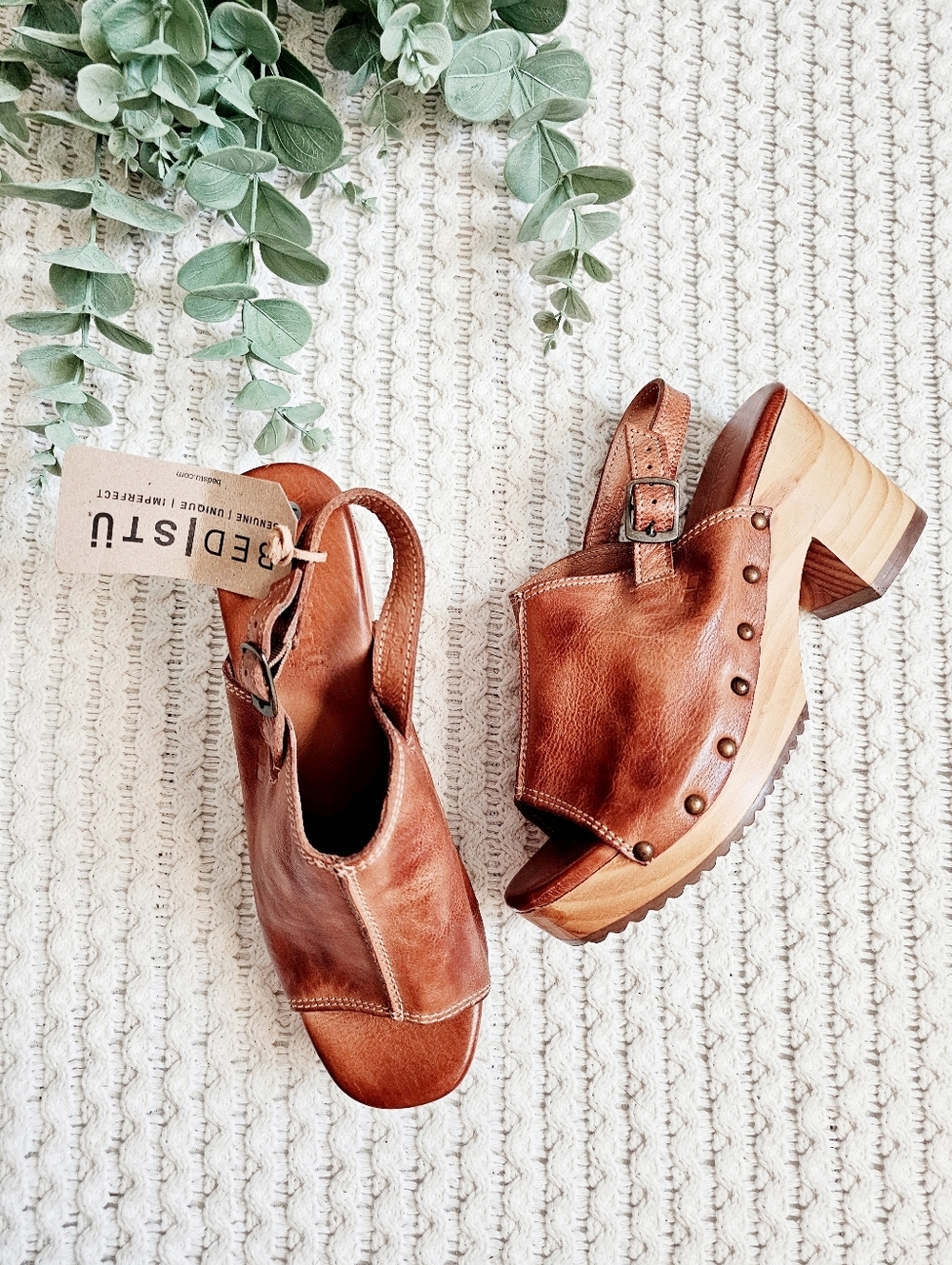 BED STU Marie Slingback Heeled Clog Sandals Open Toe Leather Wood NEW 10